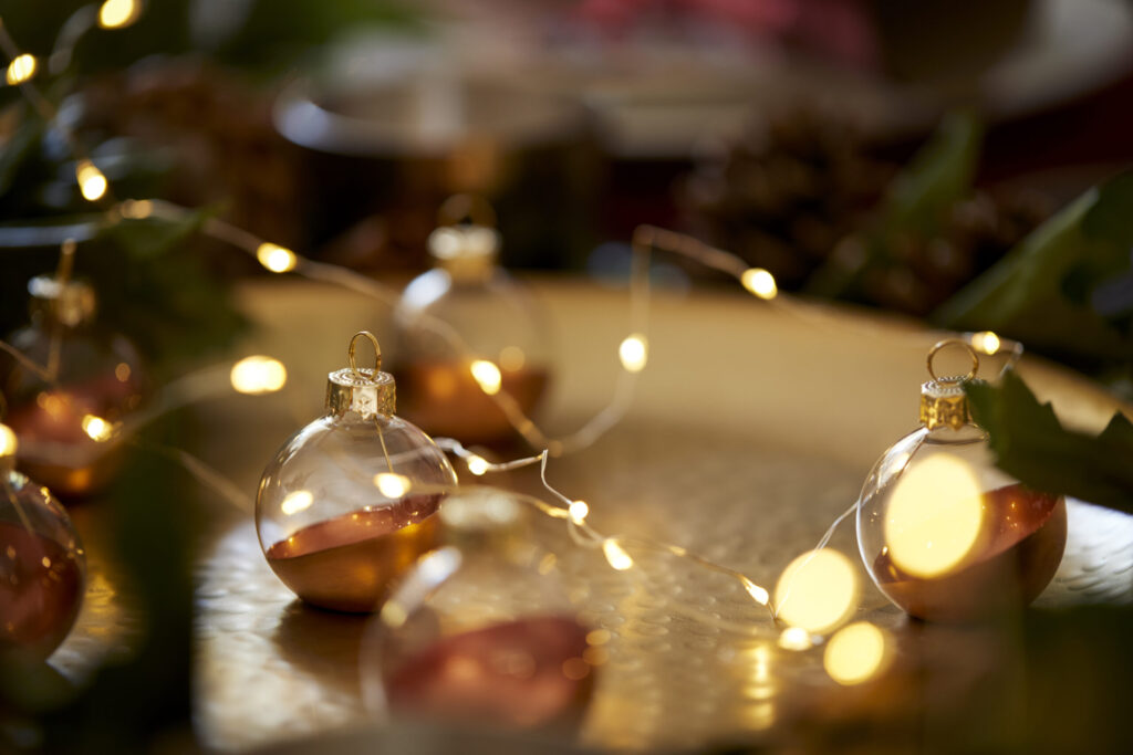 close up of christmas decorations on a table